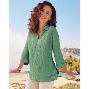 Soft Surroundings Ananda Top Size S Small Crinkle Gauze 3/4 Sleeve Frosty Spruce
